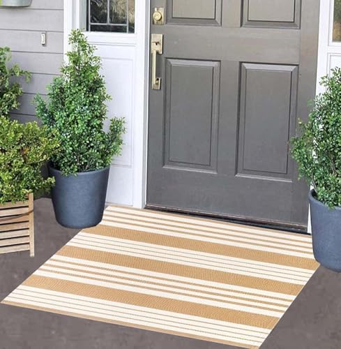 Fall Striped Outdoor Rug 24"x35"Khaki and White Washable Door Mat Outdoor by BUAGETUP