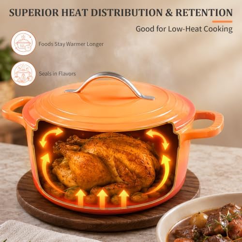 Winado 7.5 Qt Enameled Cast Iron Dutch Oven Pot with Lid, Orange Ombre - Image 7