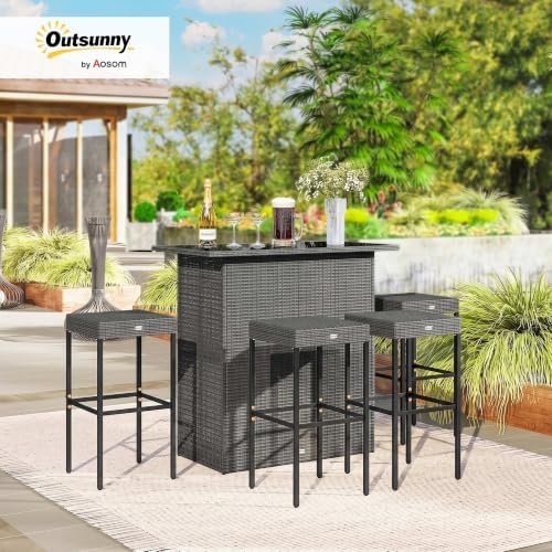 Outsunny 5 Piece Wicker Outdoor Bar Set with Glass Table Top Dark Gray - Image 2