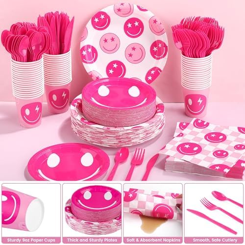 Kochorie 350 PCS Preppy Smiley Face Party Supplies Set for 50 Guests Includes Preppy Party Plates Cups Napkins Utensils for Birthday, Smiley Face Theme, Preppy Party Decorations Disposable Tableware - Image 3