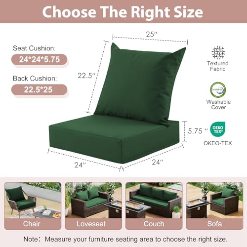 Outdoor Deep Seat Cushion Set, 24x24 Inch, Forest Green, Set of 2 - Image 2