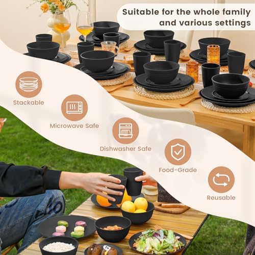 Homienly 40-Pieces Wheat Straw Dinnerware Set, Kitchen Plastic Wheat Straw Dinnerware Set - Service for 8, Unbreakable Lightweight Dish Set for Kitchen, Camping - Plates Set, Bowls, Cups Set(Black) - Image 5