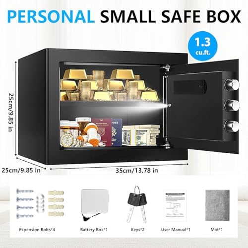 1.3 Cub Small Fire Safes Document Box Home, Security Home Safes Water and Fireproof with Digital Keypad, Spare Keys and Removable Shelf, Anti-Theft Fireproof Waterproof Safe for Home Money Valuables - Image 4