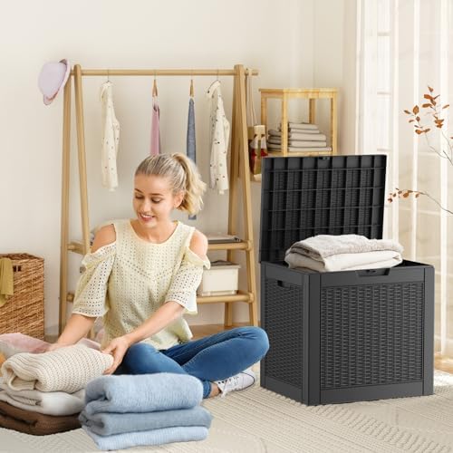 ROJIK 30Gallon Outdoor Storage Box - Waterproof Patio Furniture Deck Box, Garden Tools, Cushions, Pool Accessories Storage Bench with Lockable Lid and Side Handles (Black Rattan, 30 Gal) - Image 7