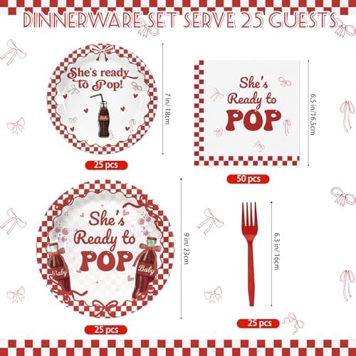 She's Ready to Pop Party Decorations 25 Guests，125 Pcs Baby Shower Paper Plates Napkins Forks Set Tableware，Disposable Red Gingham Paper Plates Set for Camping, Picnic, Baby Shower Party Decoration - Image 2
