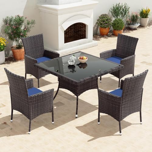 Gotland 5 Piece Outdoor Dining Set, All-Weather Rattan Patio Furniture Set with Umbrella Hole Tempered Glass Square Table, Outdoor Table and Chairs with Removable Cushions for Backyard, Deck, Navy - Image 6