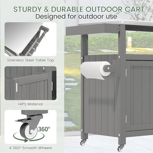 Weatherproof HIPS Outdoor Kitchen Island with Stainless Steel Top & Storage Cabinet, Movable Prep Table with Wheels for BBQ Food Prep, Outdoor Grill Cart for Parties, Grey - Image 5