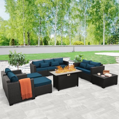 Patio Furniture Set 45-Inch Outdoor Fire Pits 8 PCS Outdoor Furniture Sets Patio Couch Outdoor Chairs 60000BTU Outdoor Propane Fire Pit Table No-Slip Cushions and Waterproof Covers, Peacock Blue - Image 3