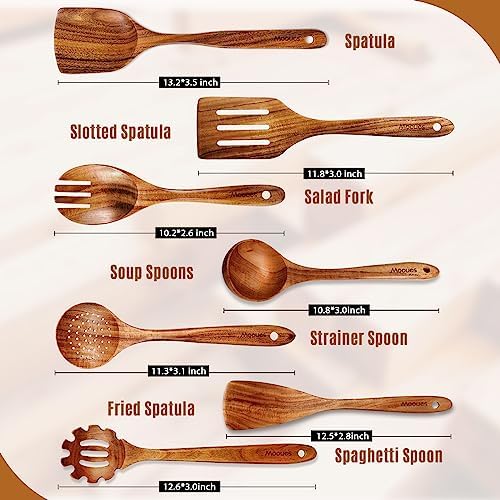 Mooues Wooden Kitchen Utensil Set, 7 Piece Natural Teak with Spoon Rest - Image 6