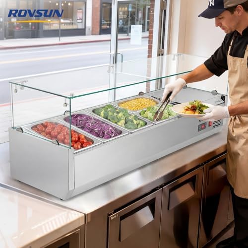 ROVSUN 48" Refrigerated Condiment Prep Station ETL NSF, 25.1QT Sandwich Prep Table Salad Bar Prep Rail w/Auto Defrost Temp Control Glass Shield 3 1/3 Pan & 2 1/4 Pan for Restaurant Food Truck - Image 7