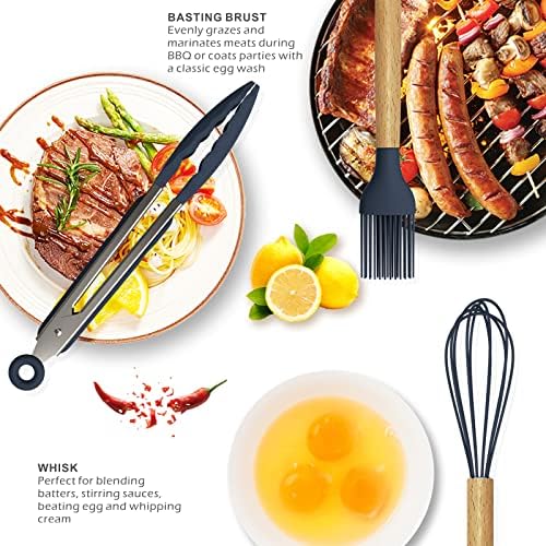 oannao Silicone Cooking Utensils Set - 446°F Heat Resistant Silicone Kitchen Utensils for Cooking,Kitchen Utensil Spatula Set w Wooden Handles, BPA FREE Gadgets for Non-Stick Cookware (Navy Blue) - Image 4