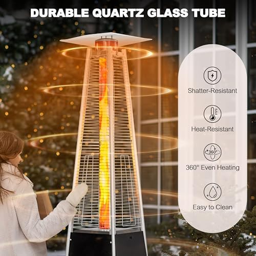 Nuu Garden Outdoor Propane Patio Heater, Pyramid Outdoor Heater with Wheels, Hammered Bronze Tower Portable Heater with Quartz Glass Tube for Garden, Terrace, Black - Image 5