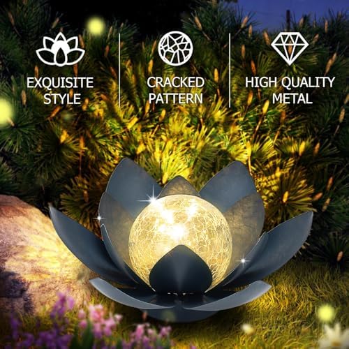 Huaxu Solar Lights Outdoor Garden Decoration Crackle Globe Glass Waterproof LED Metal Blue Lotus Flowers Gift for Mom,Women,Patio,Lawn,Walkway,Tabletop,Ground - Image 2