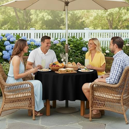 LUSHVIDA Round Outdoor Tablecloth with Umbrella Hole 70 Inch Black - Image 3