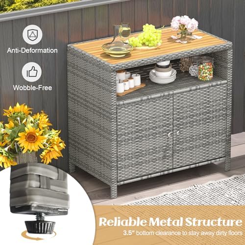 Tangkula Rattan Outdoor Storage Cabinet, Patiojoy Outdoor Cabinet with Acacia Wood Countertop, Open Compartment, 2-Door Wicker Sideboard, Outdoor Bar for Patio Garden Backyard Poolside (Mix Grey) - Image 5