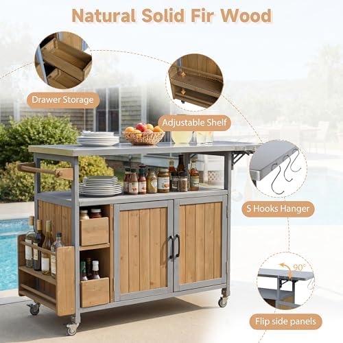 Christopher Knight Home Edsel Outdoor Bar Cart with Stainless Steel Top and Lockable Wheels, Solid Wood Outdoor Storage Cabinet, Kitchen Island Serving Cart for Poolside, Walnut Brown+Blue Gray - Image 3