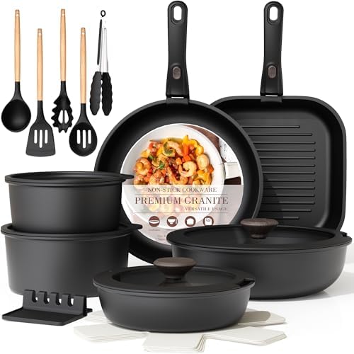 Astercook 23 Pcs Pots and Pans Set Non Stick, Ceramic Cookware Set Detachable Handle, RV Kitchen Cooking Set Removable Handles, Oven Safe, Induction Ready, Stackable, Black, Mothers Day Gifts by Astercook