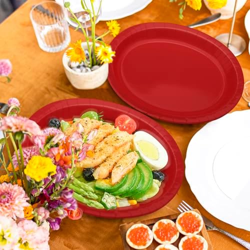 50 Count Red Paper Plates 12.2" x 10.2" Heavy-duty Oval Red Dinner Plates - Image 5