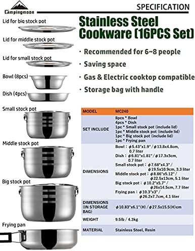 CAMPINGMOON Camping Cookware Set Stainless Steel Outdoor Nesting Cooking Mess Kit Pots Pans Bowls with Storage Carrying Tote Bag - Image 2