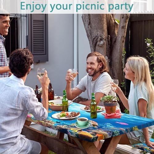 Ocean Animals Picnic Table Cover with Bench Covers, Camping Essentials, Underwater Sea Turtles Waterproof Windproof, Fitted Tablecloth Cover with Elastic Edge, for Garden & Outdoor, 3 PCS, 30x72 Inch - Image 2