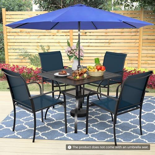 Incbruce 6 Pieces Paito Dining Set with Dark Blue Umbrella, Outdoor Metal Dining Set of 4 Textilene Chairs and Square Table with Umbrella Hole for Garden, Porch and Backyard (Blue) - Image 2