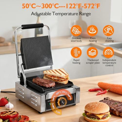 1800W Indoor Electric Grill & Double-Sided Griddle, 50-300°C Adjustable Temperature, 9.1x9.4" Non-Stick Surface for Grilling Steak, BBQ, Sandwiches & Panini, Commercial & Home Kitchen Use - Image 5
