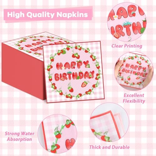 96 PCS Strawberry Theme Birthday Shortcake Party Paper Plates and Napkins Disposable Strawberry Party Plates Dinnerware Berry Sweet Tableware Decor for Baby Shower Birthday Gatherings Decorations - Image 4