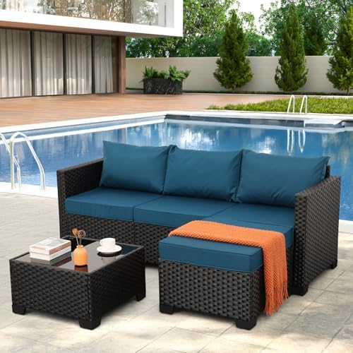 Oasishine 3 Pieces Patio Furniture Set Outdoor Sectional Wicker Patio Furniture Patio Couch with Ottoman and Outdoor Glass Table Weathering Anti-Slip Cushions Waterproof Covers, Peacock Blue - Image 2