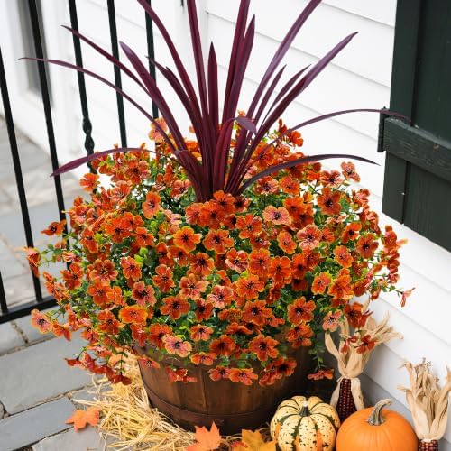 Fall Flowers Artificial Mums for Outdoors Autumn Decor, 12 Bundles Orange Fake Fall Mums with 1 pcs Burgundy Orchid Leaf UV Resistant Look Real Faux Flowers for Outside Planter Home Porch Patio Yard - Image 4
