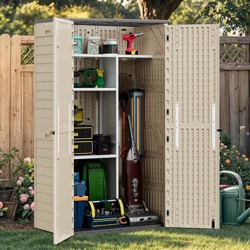 YITAHOME 60 cu ft Tall Outdoor Storage Shed w/o Shelf, Resin Vertical Outdoor Storage Shed, Large Waterproof Storage Cabinet for Garage, Poolside, and Garden (Khaki + Black) by YITAHOME
