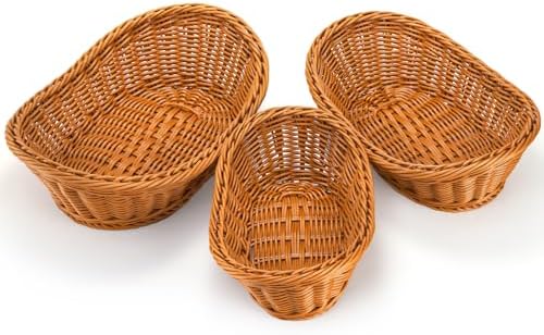 Yarlung 3 Pack Small Woven Breads Baskets, Oval Fruit Baskets Stackable Plastic Wicker Basket for Serving Vegetables, Kitchen, Restaurant, Outdoor, Imitation Rattan Brown, 3 Sizes - Image 6