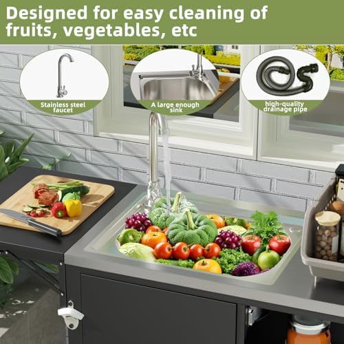 Outdoor Grill Table with Sink, Metal Worktable Kitchen Cabinet Island - Image 5