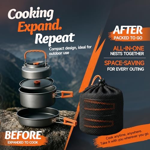 Camping Cookware, 10-Piece Non-Stick Foldable Mess Kit with Kettle - Image 7
