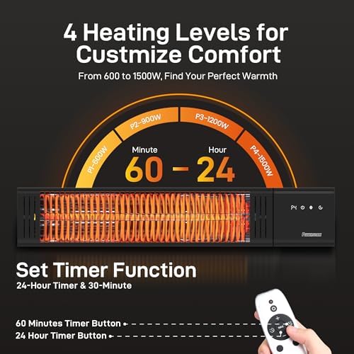 Powerscale 1500W Electric Patio Heater, IP65 Waterproof, Remote, Fast Heating, 4 Heat Levels, 24H Timer & Memory Function, Wall Mounted Indoor/Outdoor Heater for Patio, Garage, Backyard, Black - Image 4
