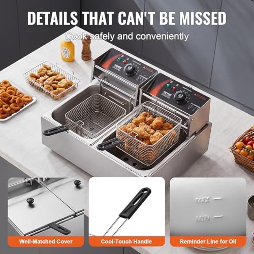 VEVOR Commercial Deep Fryer, Dual Tank 3000W Electric Countertop Fryer with Basket, 2 x 9.1Qt/8.6L Double Stainless Steel Oil Fryer, with Temp Control & Overheat Protection, for Kitchen Restaurant Use - Image 6
