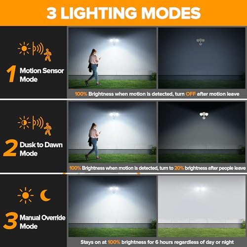 LUTEC 34W 3700 Lumen LED Security Light Motion Sensor Outdoor Lights with Night Light, 5000K Daylight, IP65 Waterproof, Dusk to Dawn, Hardwired Motion Detector Flood Light for Garage, Yard-White - Image 4
