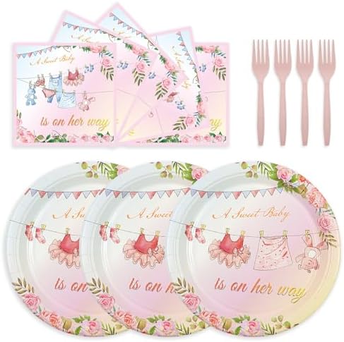 75PCS Floral Baby Girl Shower Plates and Napkins Decorations Party Favors, 7Inch A Sweet Baby Is on Her Way Paper Dessert Plates Disposable Tableware Party Supplies by Unknown