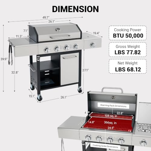 HUGROVE 4-Burner Propane Gas BBQ Grill with Side Burner(Silver 01) - Image 3