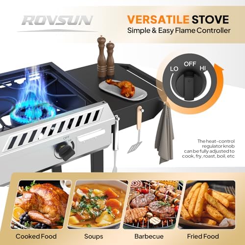 ROVSUN 3 Burner Propane Stove with Auto Ignition, 225,000 BTU Gas Stove with Side Shelves, Rolling Wheels & Regulator for Home Outdoor Backyard Camping Cooking Frying Brewing Canning - Image 5