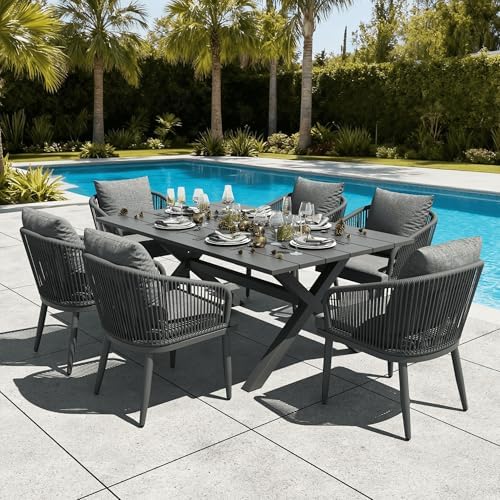 LayinSun 7 Pieces Outdoor Patio Dining Set, Aluminium Rectangular Dining Table and Wicker Rattan Chairs Set for Outside Backyard, Poolside by LayinSun