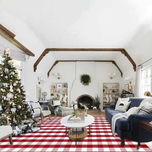Christmas Red and White Plaid Rug 8x10 ft, Extra Large Cotton Hand-Woven Buffalo Check Area Rug for Living Room, Bedroom, Patio, Christmas Holiday Farmhouse Decor, Washable Outdoor Indoor Carpet - Image 2