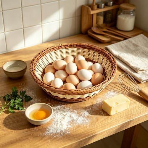 RT&BS Round Wicker Bread Basket, Round Wicker Fruit Basket, Woven Egg Baskets, Reusable Handwoven Storage Baskets for Living Room, Kitchen, Store, Restaurant, Outdoor, Party (Bicolor, M) - Image 6