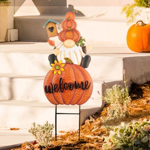 TERESA'S COLLECTIONS Fall Outdoor Decor, Gnomes Decorations for Yard, Metal Pumpkin Fall Garden Decorations, Welcome Signs Stakes, Thanksgiving Orange Autumn Decor for Lawn Patio, 23" - Image 3