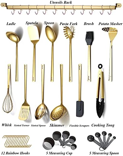 Gold Cooking Utensils Set, Kyraton Stainless Steel 37 Pieces Kitchen Utensils Set with Titanium Gold Plating, Kitchen Gadgets Tool Set with Utensils Racks Heat Resistant Dishwasher Safe - Image 2