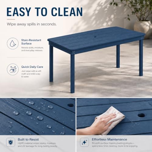 64" Rectangular Outdoor Dining Table, All-Weather HDPE Patio Table for 6-8 Person, Large Composite Wood Furniture with Umbrella Hole for Backyard Deck Garden Poolside, Navy Blue - Image 6