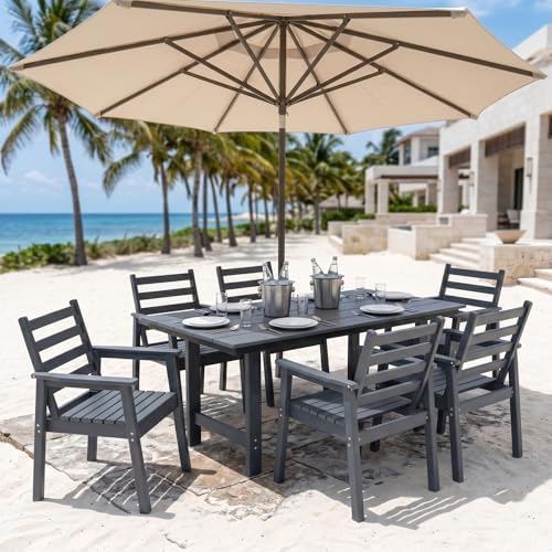 7-Piece Outdoor Dining Set, All-Weather HDPE Patio Furniture, 66.5" Slatted Table with 1.6" Umbrella Hole & 6 Ergonomic Armchairs, Heavy Duty 350lbs Capacity, UV Resistant, Gray - Image 3