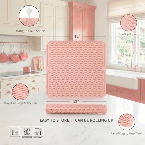 MicoYang Silicone Dish Drying Mat for Multiple Usage,Easy clean,Eco-friendly,Heat-resistant Silicone Mat for Kitchen Counter or Sink,Refrigerator or Drawer liner Pink M 12 inches x 12 inches - Image 2
