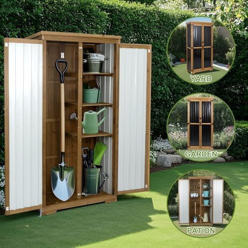Outdoor Storage Cabinet with Shelf, Wood & Metal Storage Shed with Waterproof Roof & Lockable Doors,Tall Outdoor Cabinets for Patio Backyard, Gardening Tools and Accessories, Brown - Image 6