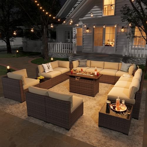 Aoxun Patio Furniture Sets, 15-Piece Outdoor Patio Furniture with 44'' Propane Gas Firepit Table, Wicker Outdoor Conversation Set Sectional Sofa for Backyard, Poolside, Garden - Image 3
