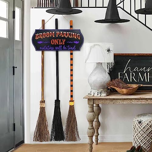 Halloween Decorations - Broom Parking Sign with 3 Wooden Witches Brooms - Image 2